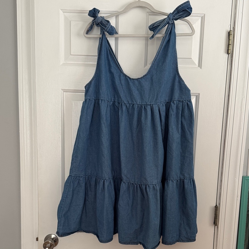 Blue Denim Mini Dress with Bow Straps